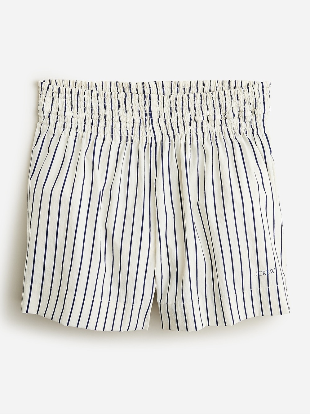 J. Crew White High-Waist Smocked Shorts with Navy Pinstripes